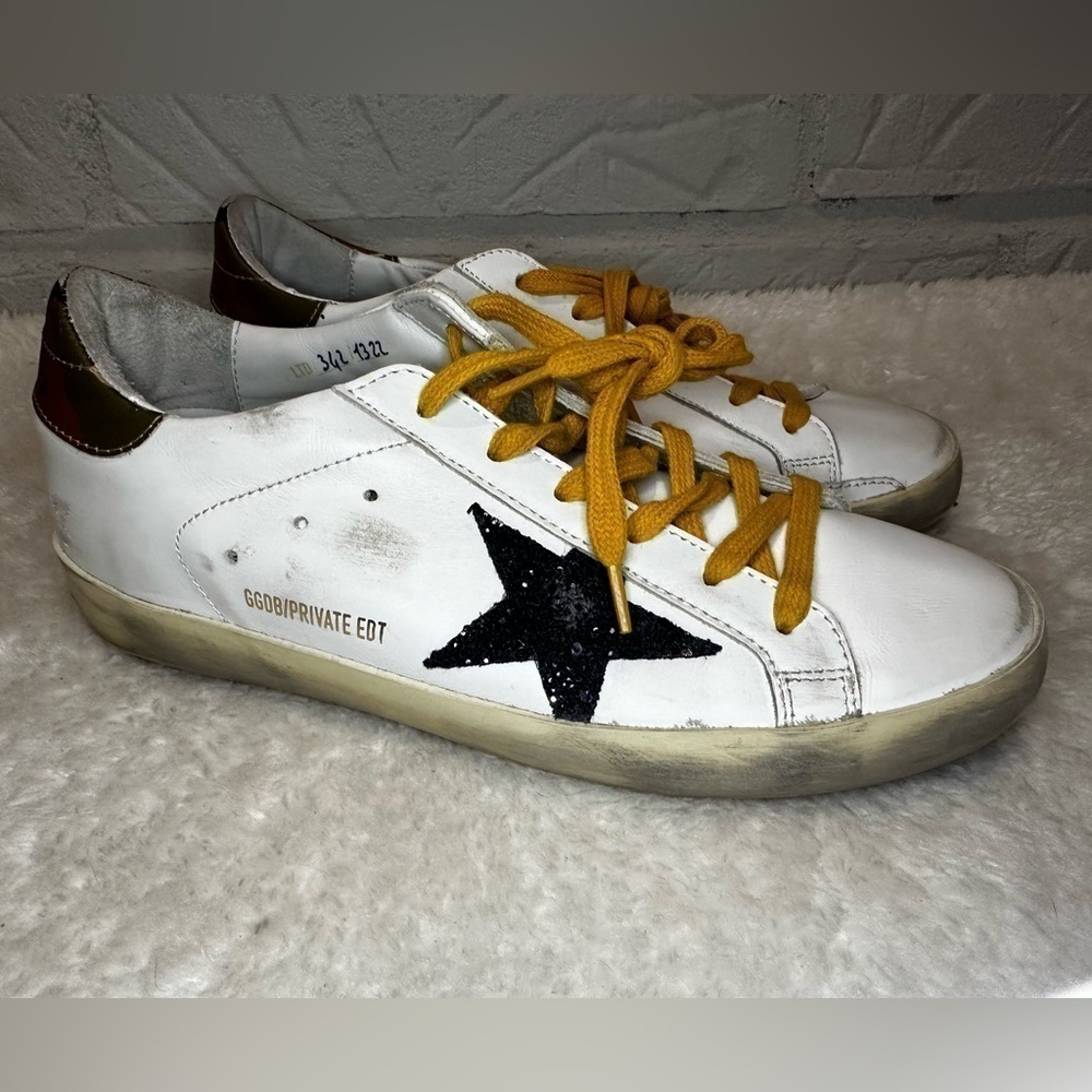 New Golden Goose Super Star Camo Heel and Glitter Star Sneakers Size 37